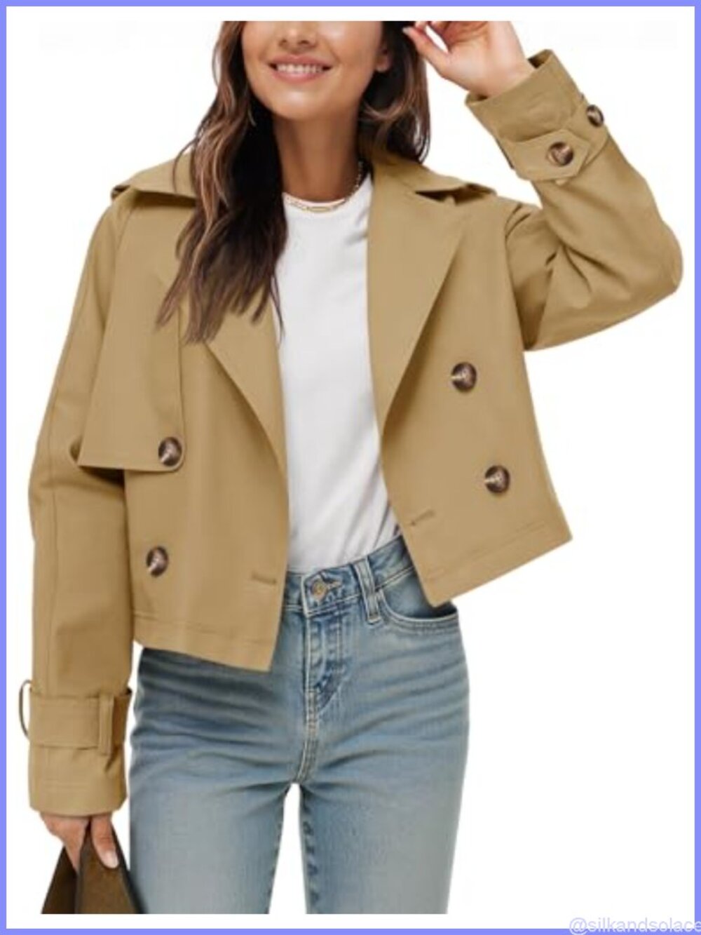 Cropped Trench Coat Women Double-Breasted Lapel Notch Jacket Lightweight